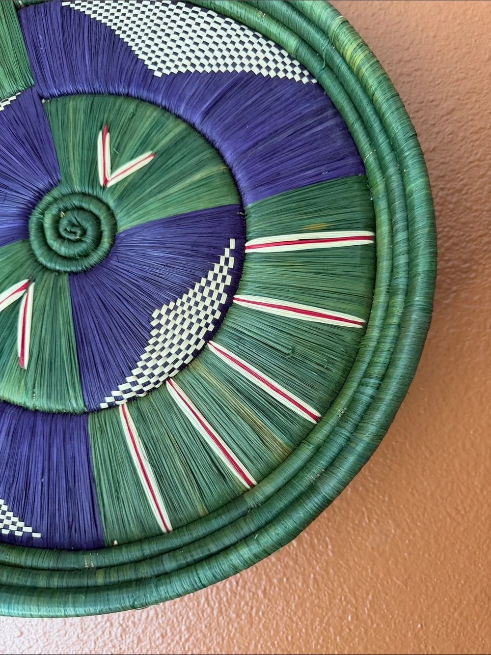 Handwoven Decorative Wall Basket in Green & Purple (14” Diameter)